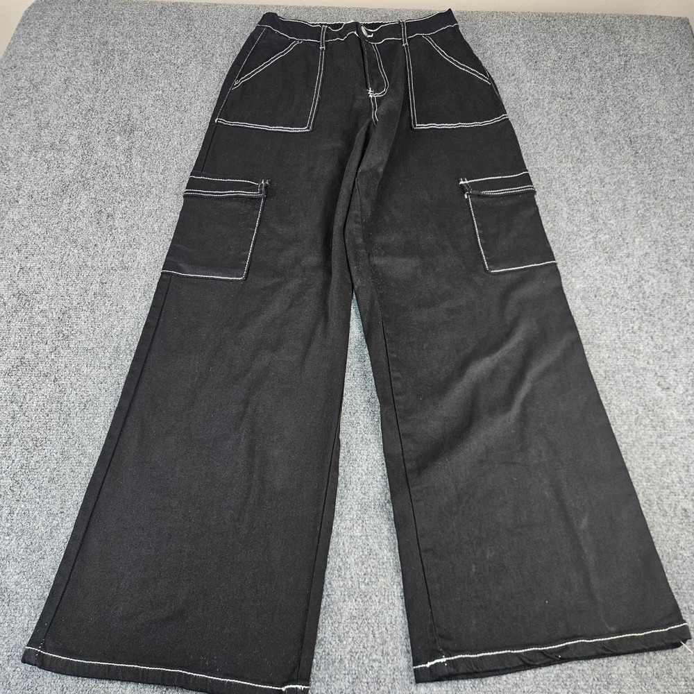 Honey Peach Black Contrast Stitch Cargo Pants Wide Leg High Rise Large